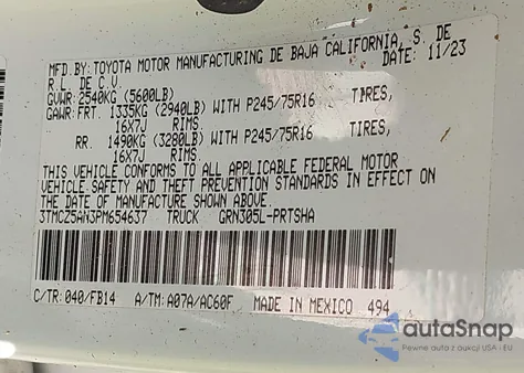 2023 Toyota Tacoma Sr V6 из США, поврежденный, VIN 3TMCZ5AN3PM654637